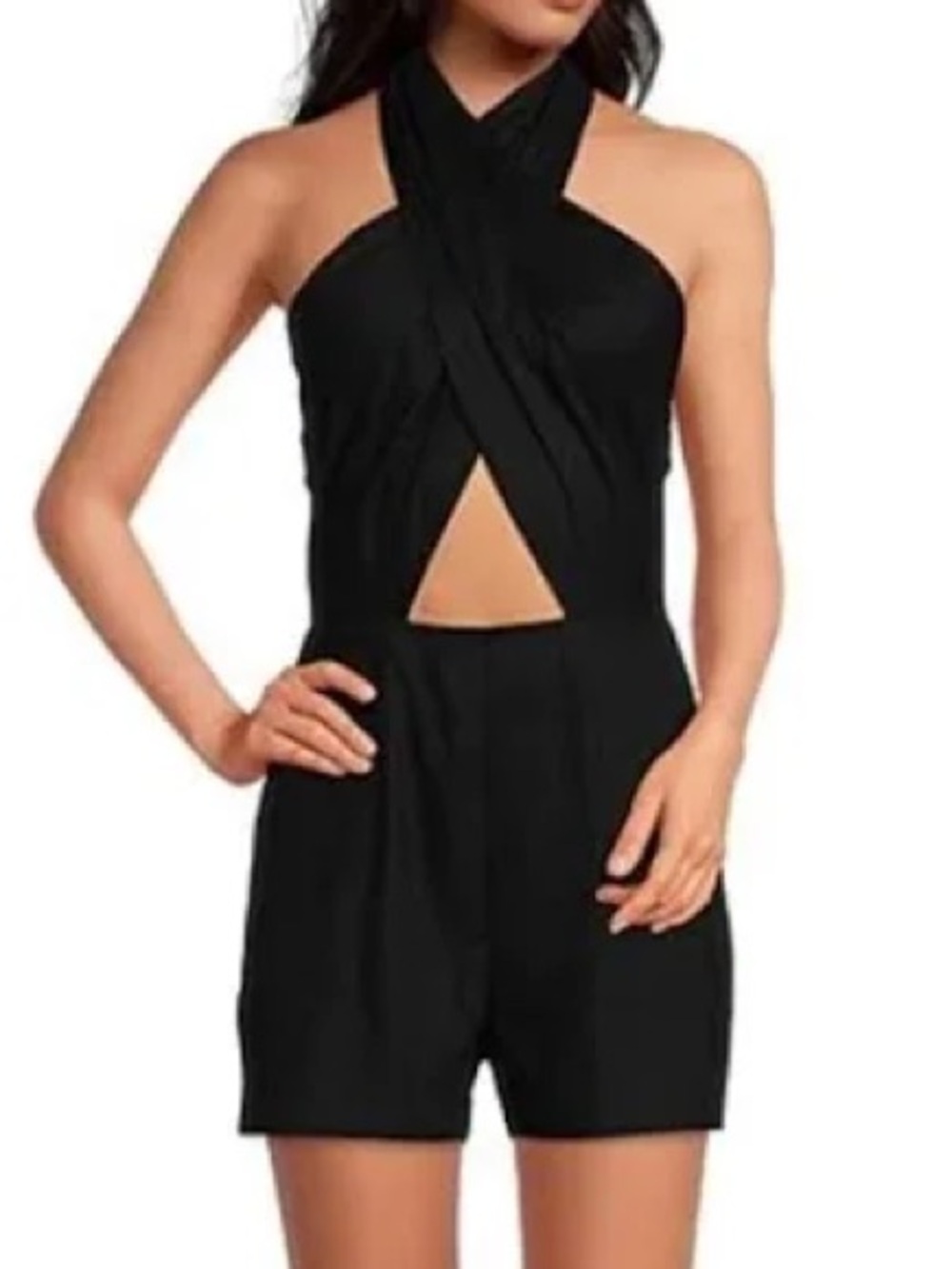 Gianni Bini Plunge Halter Romper Linen 12 Black Excellent Deep V Smocked Back